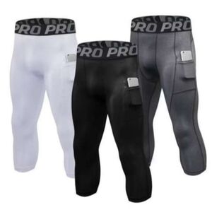 YUSHOW Men's 3/4 Compression Pants 3-Pack Workout Tights with Pockets Athletic L